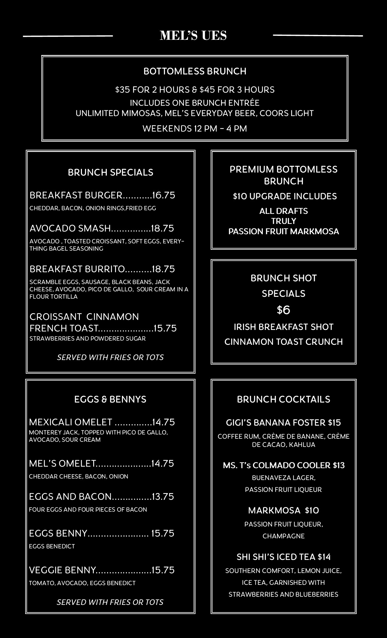 Mel's UES Brunch Menu 